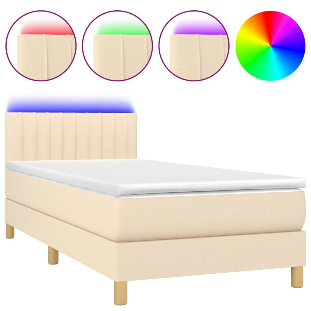 vidaXL Κρεβάτι Boxspring με Στρώμα & LED Κρεμ 90x200 εκ. Υφασμάτινο