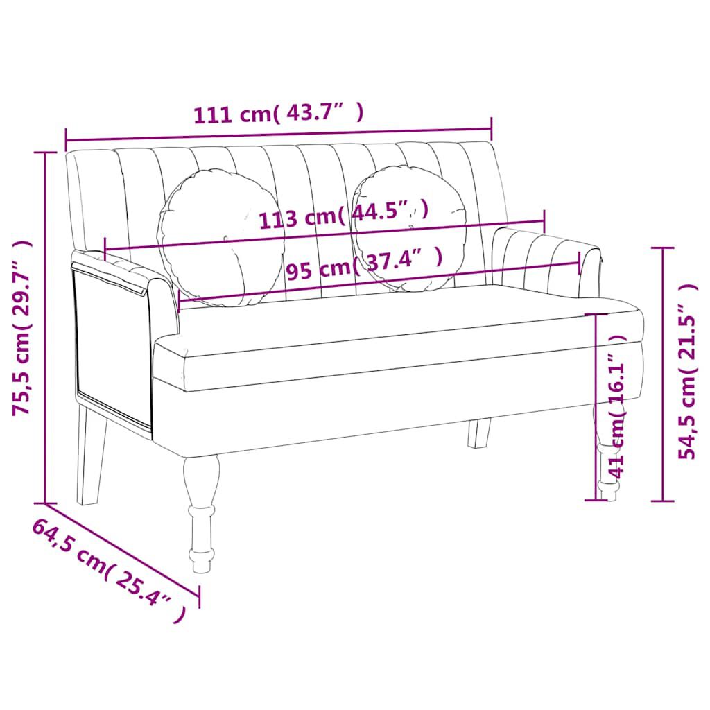 vidaXL Παγκάκι Μαύρο 113 x 64,5 x 75,5 εκ. Υφασμάτινο με Μαξιλάρια