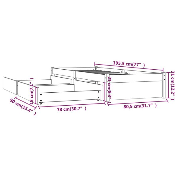 vidaXL Πλαίσιο Κρεβατιού Με Συρτάρια Μαύρο 75x190 εκ Small Single
