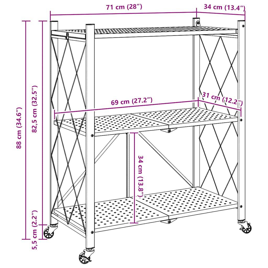 vidaXL Ράφι αποθήκευσης σε ρόδες Μαύρο 71x34x88 cm Ατσάλι