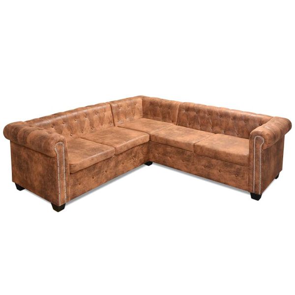 vidaXL Καναπές Γωνιακός Πενταθέσιος Chesterfield Καφέ Συνθετικό Δέρμα
