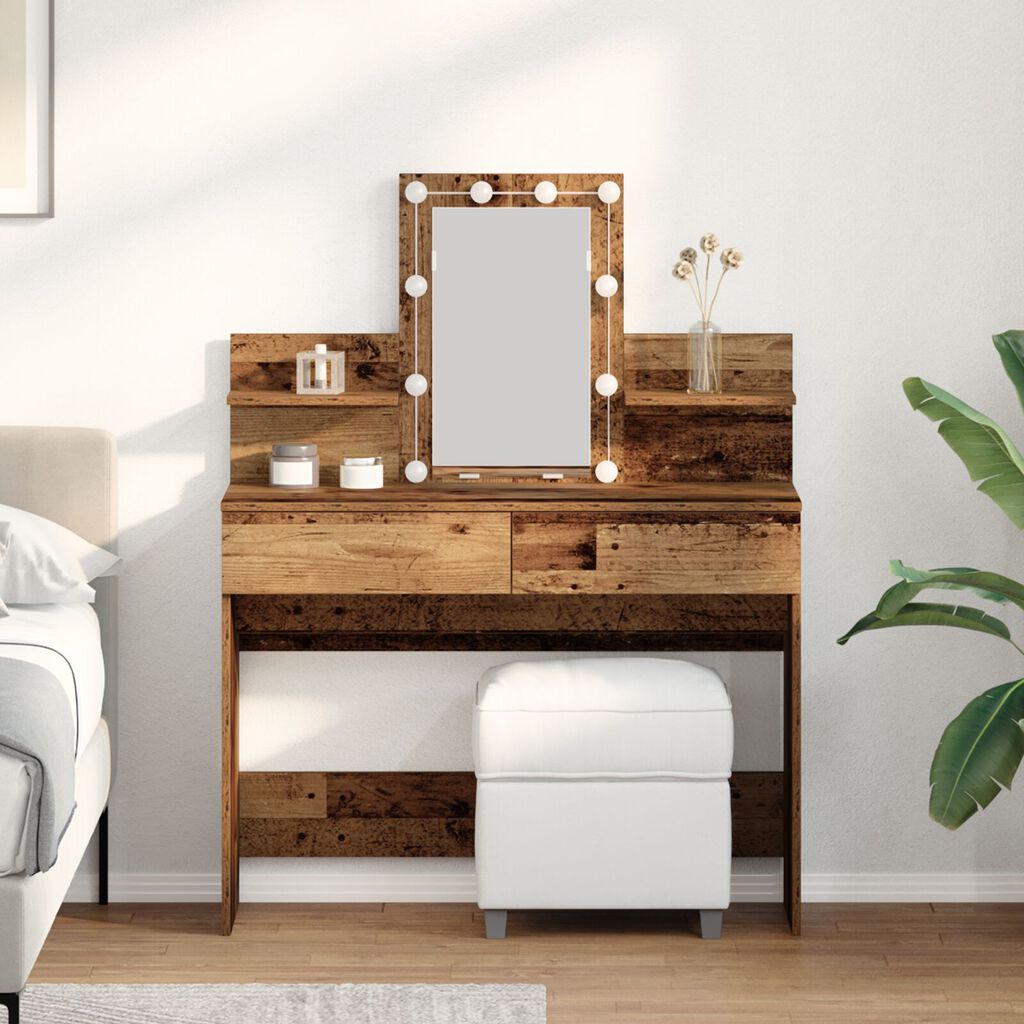 vidaXL Τραπέζι Μακιγιάζ με Καθρέφτη & LED Φώτα Παλιό Ξύλο Μηχανικής Ξυλείας