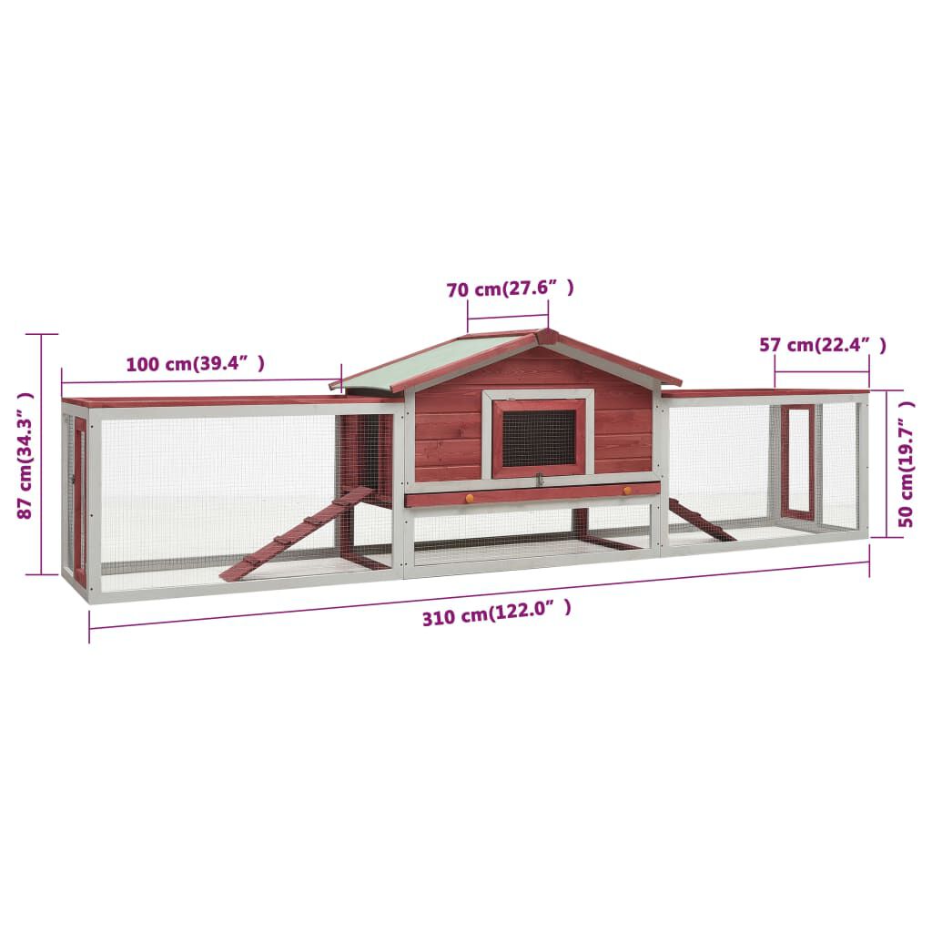 vidaXL Κλουβί Κουνελιών Κόκκινο 310x70x87 εκ. Μασίφ Ξύλο Πεύκου/Ελάτης