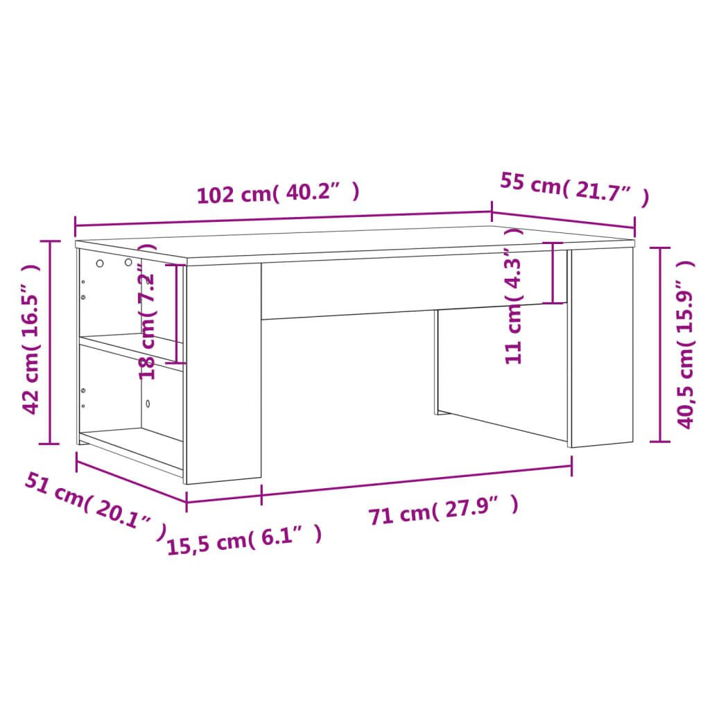 vidaXL Τραπεζάκι Σαλονιού Μαύρο 102 x 55 x 42 εκ. από Επεξεργ. Ξύλο