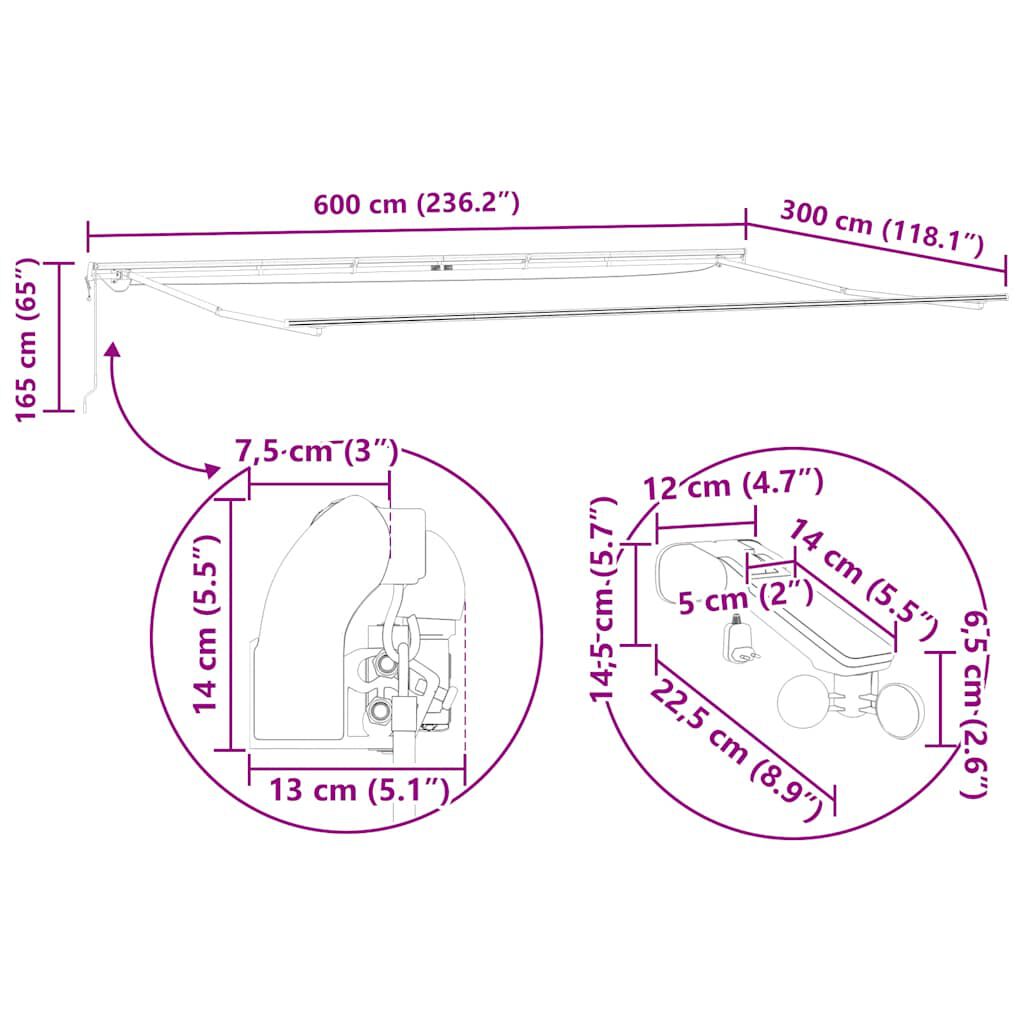 vidaXL Τέντα Πτυσσόμενη Αυτόματη με LED Καφέ 600x300 εκ.