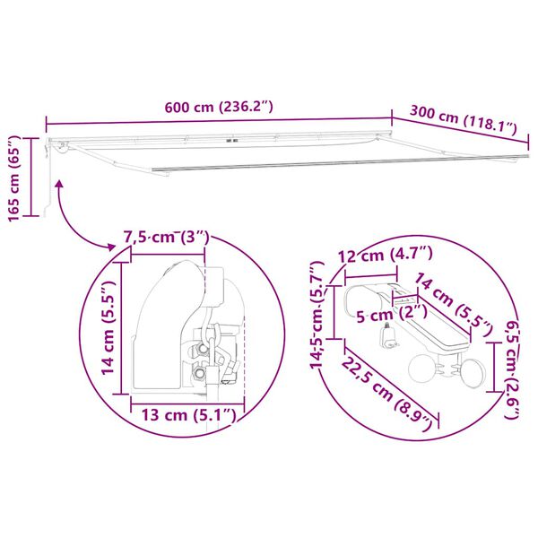 vidaXL Τέντα Πτυσσόμενη Αυτόματη με LED Καφέ 600x300 εκ.