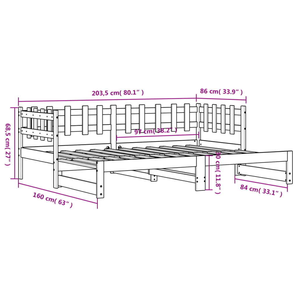 vidaXL Καναπές Κρεβάτι Συρόμενος 2x(80x200) εκ. από Μασίφ Ξύλο Πεύκου