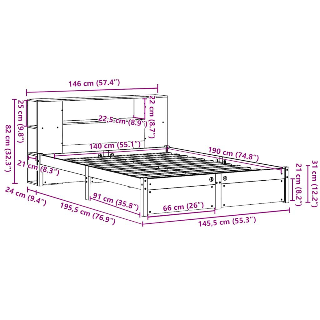 vidaXL Κρεβάτι Βιβλιοθήκη Χωρίς Στρώμα 140x190 εκ Μασίφ Ξύλο Πεύκου