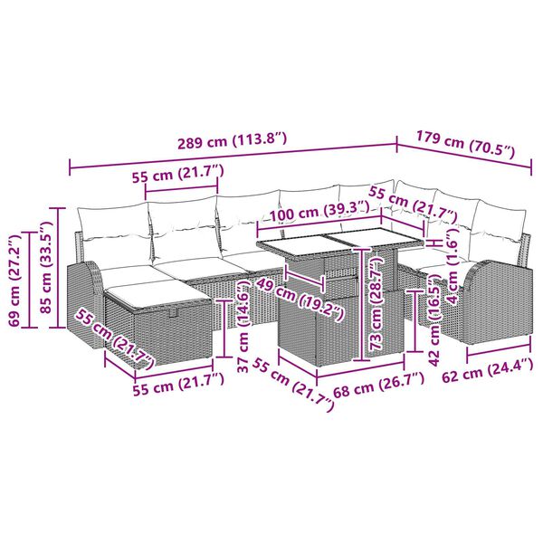 vidaXL Σετ Καναπέ Κήπου με μαξιλάρι 9 pcs Μπεζ Πολυ ράταν