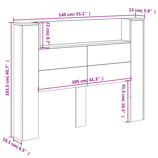 vidaXL Κεφαλάρι με Αποθηκ. Χώρο & LED Γκρι Sonoma 140x16,5x103,5 εκ.