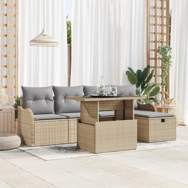 vidaXL Σετ Καναπέ Κήπου με μαξιλάρι 6 pcs Μπεζ Πολυ ράταν