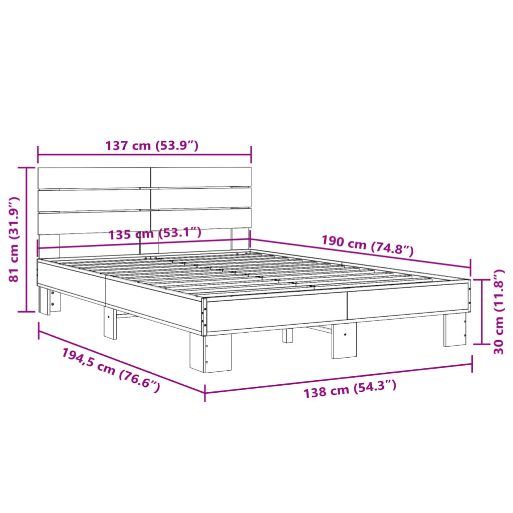 vidaXL Πλαίσιο Κρεβατιού Γκρι Sonoma 135x190 εκ. Επεξ. Ξύλο & Μέταλλο
