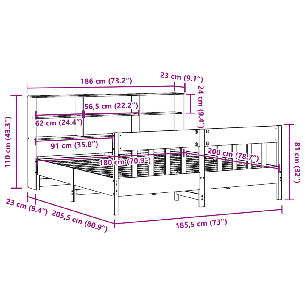 vidaXL Σκελετός Κρεβατιού Χωρίς Στρώμα 180x200 εκ Μασίφ Ξύλο Πεύκου