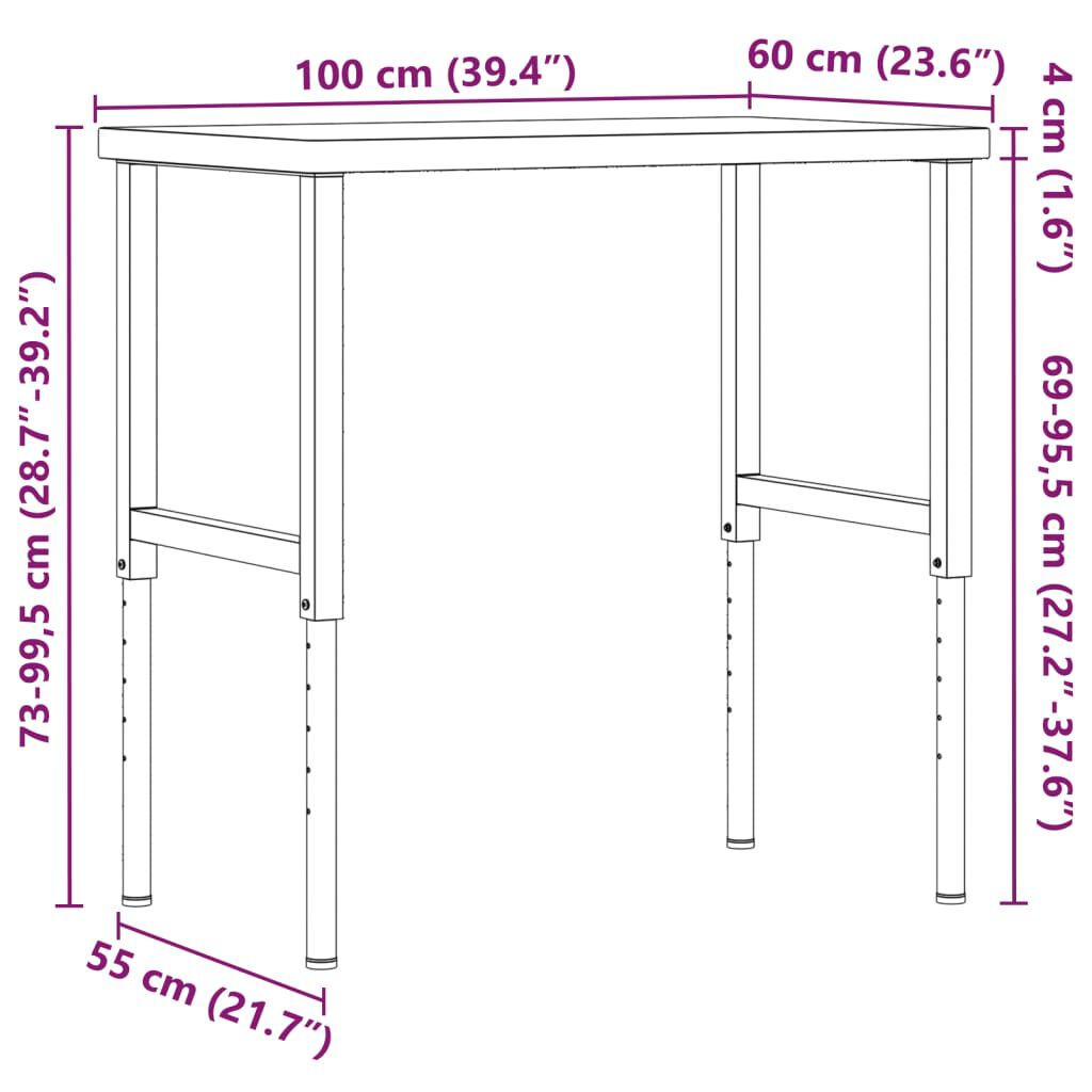 vidaXL Πάγκος Εργασίας Ορθογώνιος 100x60x(73-99,5) εκ Μασίφ Ξύλο Οξιάς