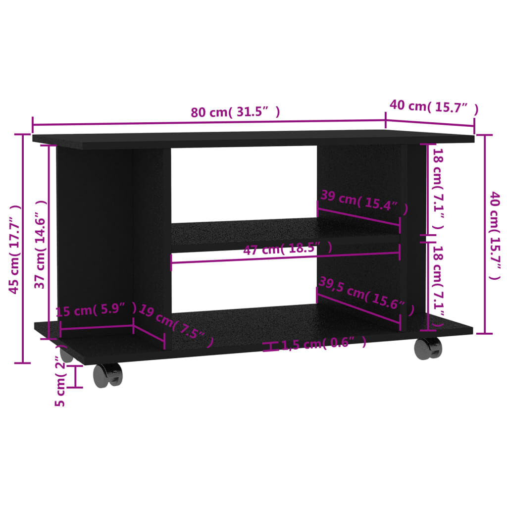 vidaXL Έπιπλο Τηλεόρασης με Ρόδες Μαύρο 80x40x45 εκ. Επεξ. Ξύλο