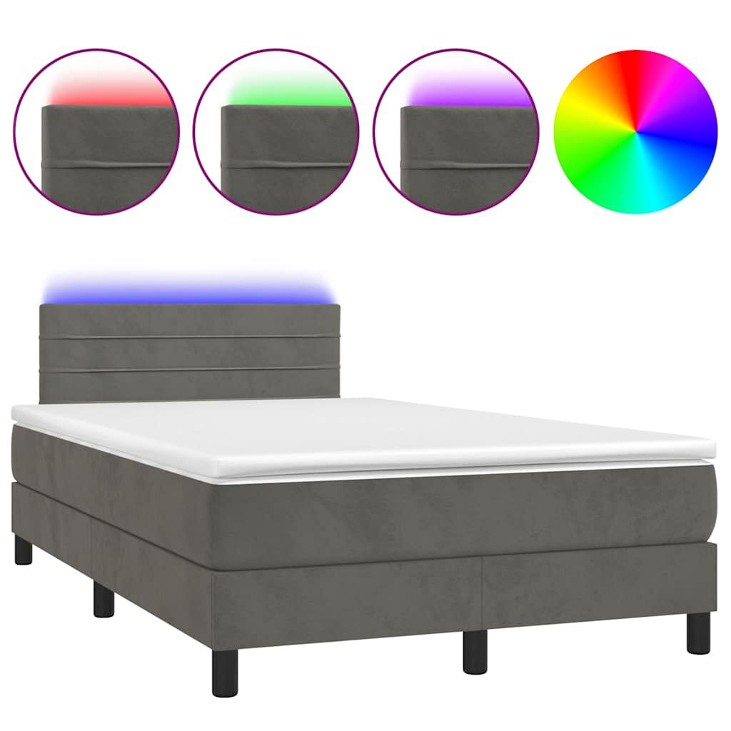 vidaXL Κρεβάτι Boxspring με Στρώμα & LED Σκ.Γκρι 120x190εκ. Βελούδινο