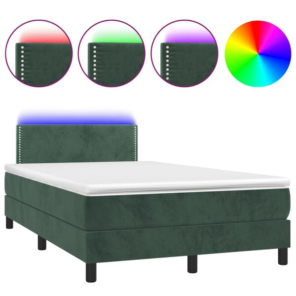 vidaXL Κρεβάτι Boxspring με Στρώμα & LED Σκ. Πράσινο 120x200εκ Βελούδο