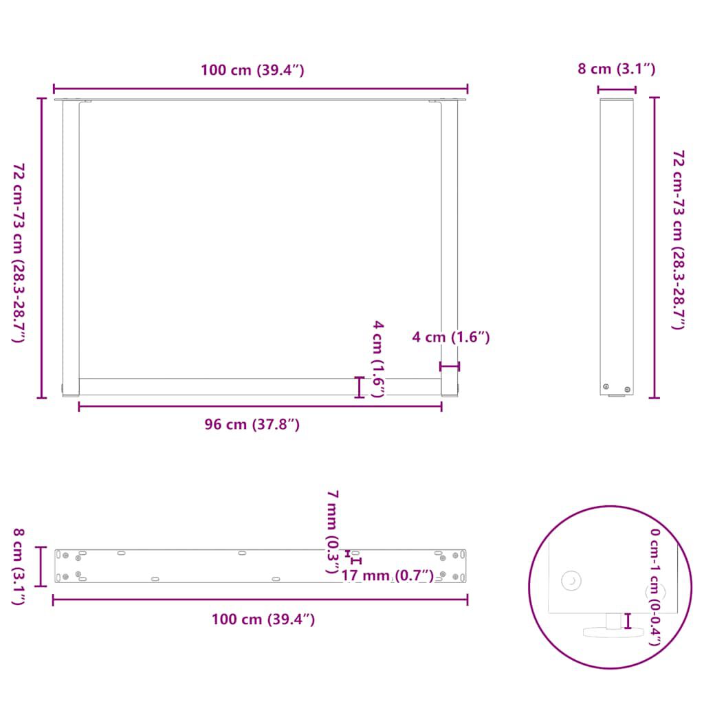 vidaXL Πόδια Τραπεζαρίας σε Σχήμα U 2 τεμ. Λευκά 100x(72-73) εκ. Ατσάλι