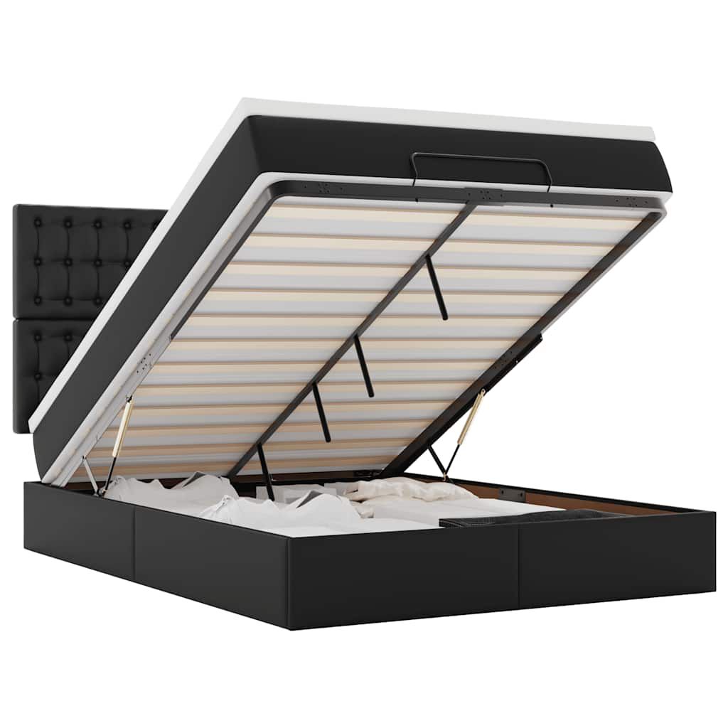vidaXL Οθωμανικό κρεβάτι με στρώμα & LEDs Μαύρο Συνθετικό δέρμα