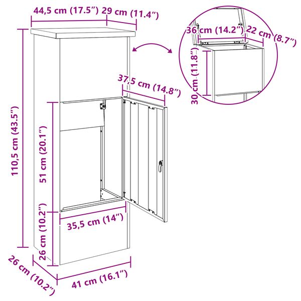 vidaXL Θυρίδα Πακέτων Μαύρο 44.5 x 29 x 110.5 εκ Ανοξείδωτο ατσάλι