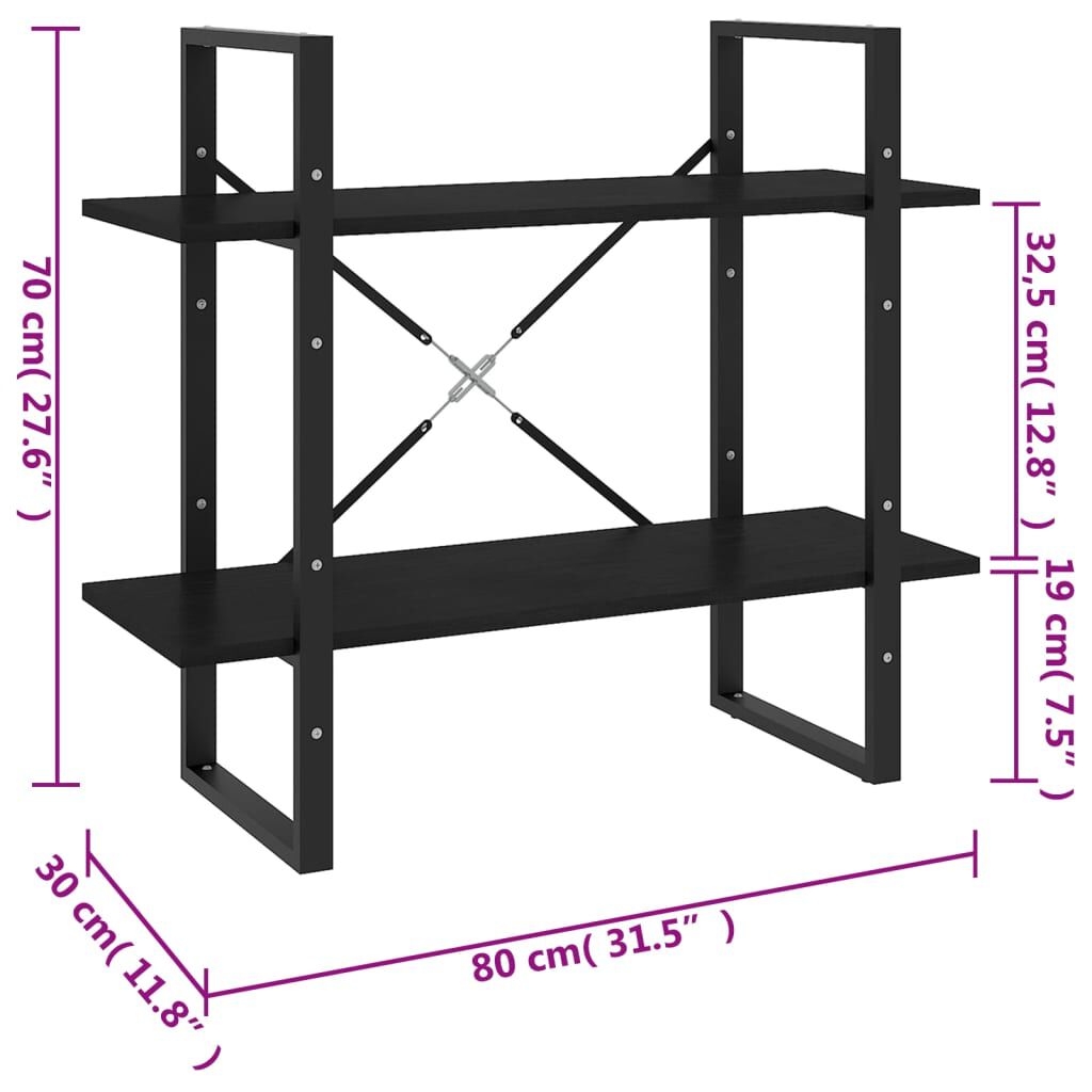 vidaXL Βιβλιοθήκη με 2 Ράφια Μαύρη 80 x 30 x 70 εκ. Μασίφ Ξύλο Πεύκου