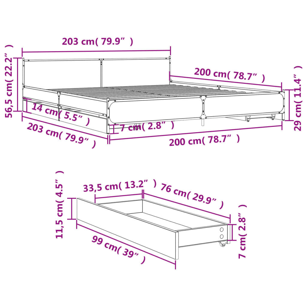 vidaXL Πλαίσιο Κρεβατιού με Συρτάρια Μαύρο 200x200 εκ Επεξεργ. Ξύλο