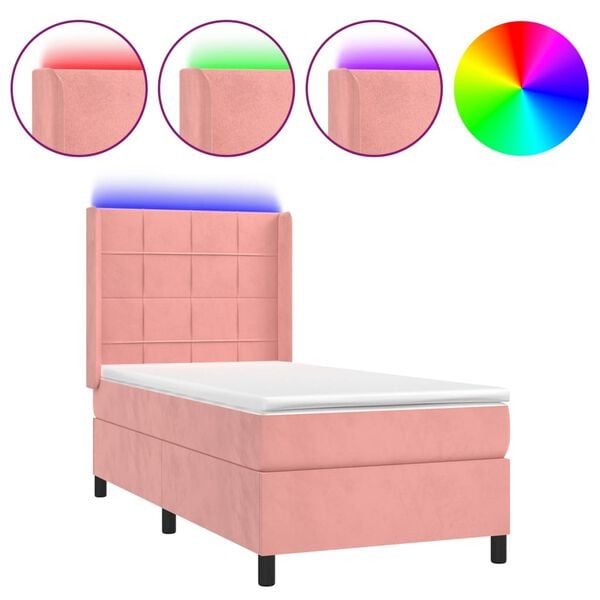 vidaXL Κρεβάτι Boxspring με Στρώμα & LED Ροζ 80 x 200 εκ. Βελούδινο