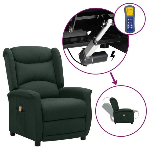 vidaXL Πολυθρόνα Μασάζ Ανάκλιση Σκούρο Πράσινο Υφασμάτινη