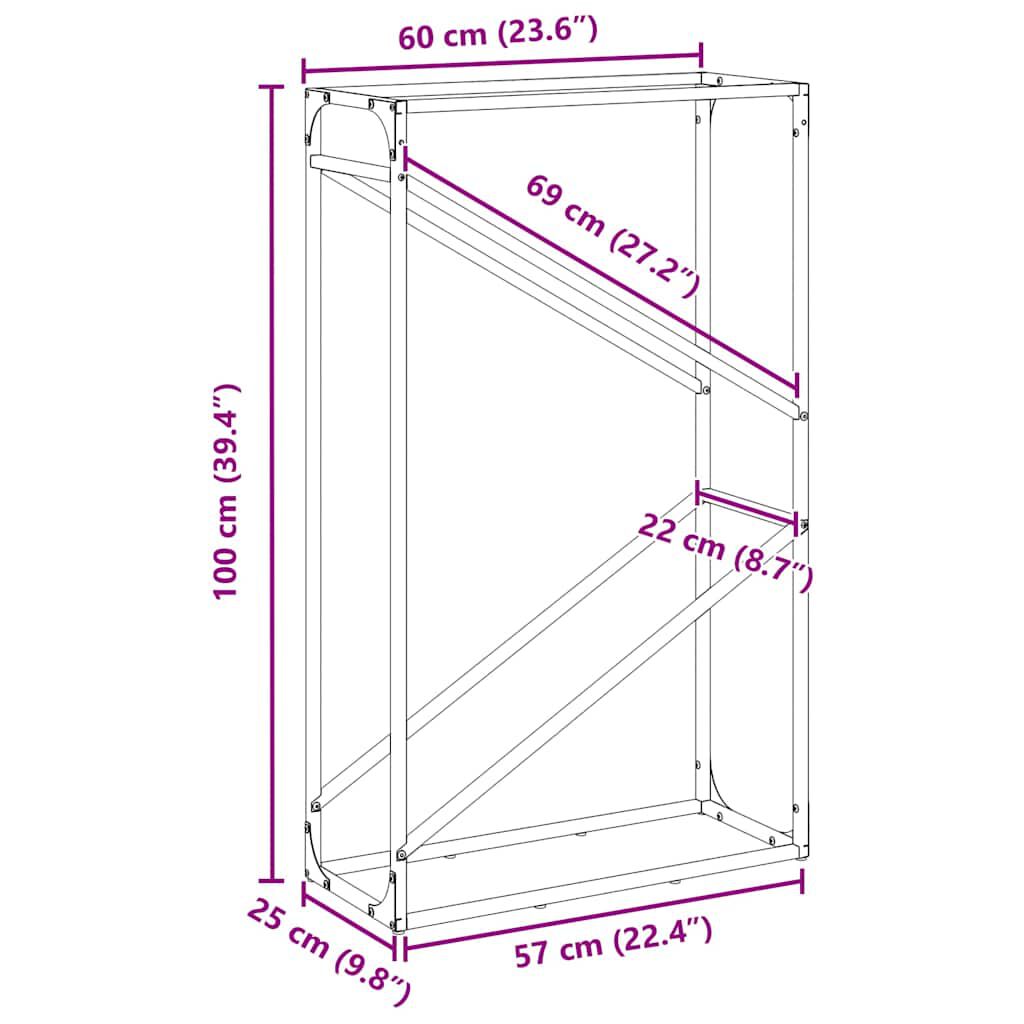 vidaXL Ράφι για καυσόξυλα Μαύρο 60x25x100 εκ. Ατσάλι ψυχρής έλασης