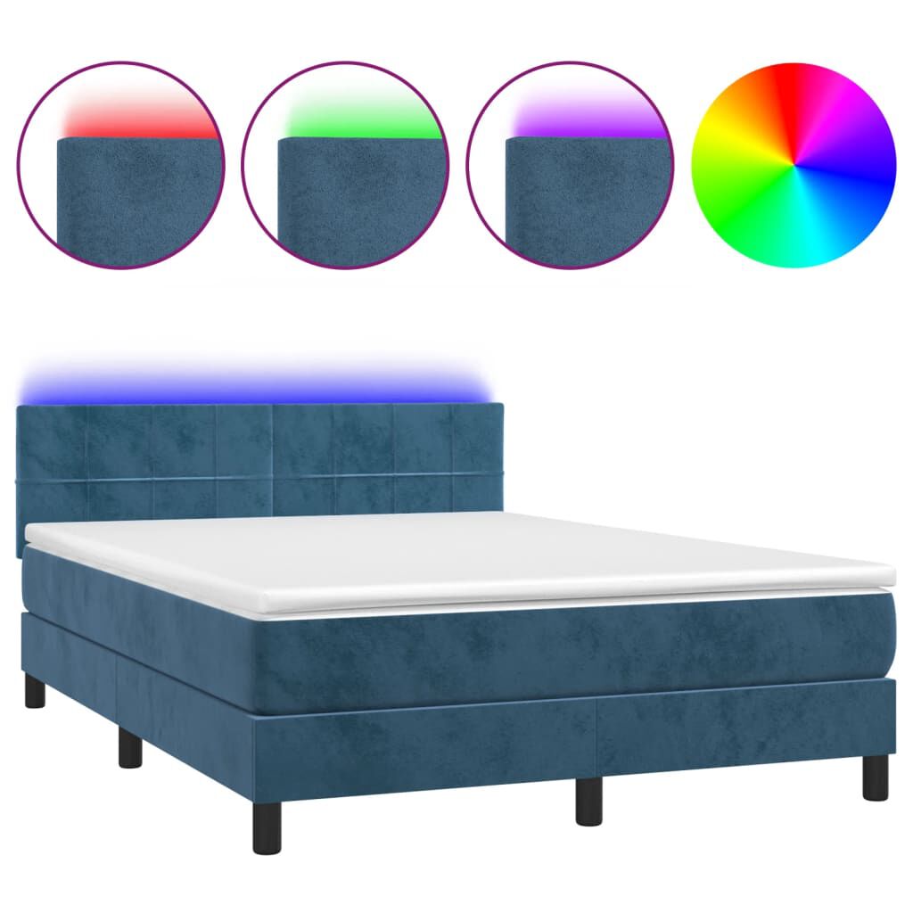 vidaXL Κρεβάτι Boxspring με Στρώμα & LED Σκ. Μπλε 140x200εκ. Βελούδινο