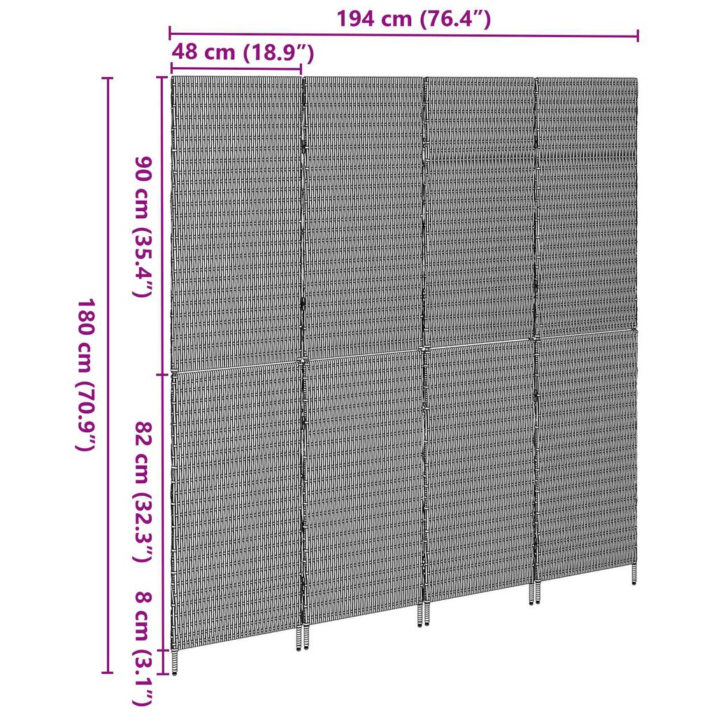 vidaXL Χώρισμα Δωματίου 4 Πάνελ Φορητό Γκρι 195x180 εκ Πολυ Ράτταν