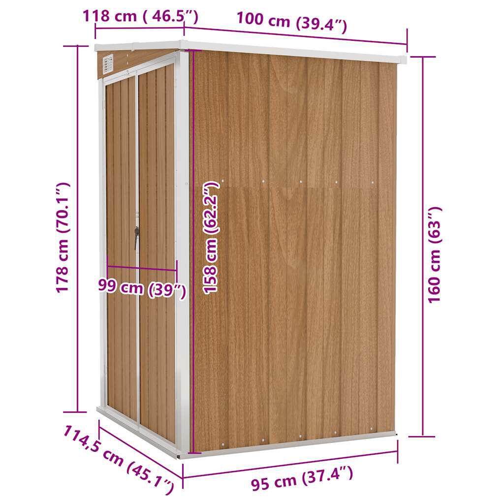 vidaXL Αποθήκη Κήπου Επιτοίχια Καφέ 118x100x178 εκ. από Γαλβ. Ατσάλι