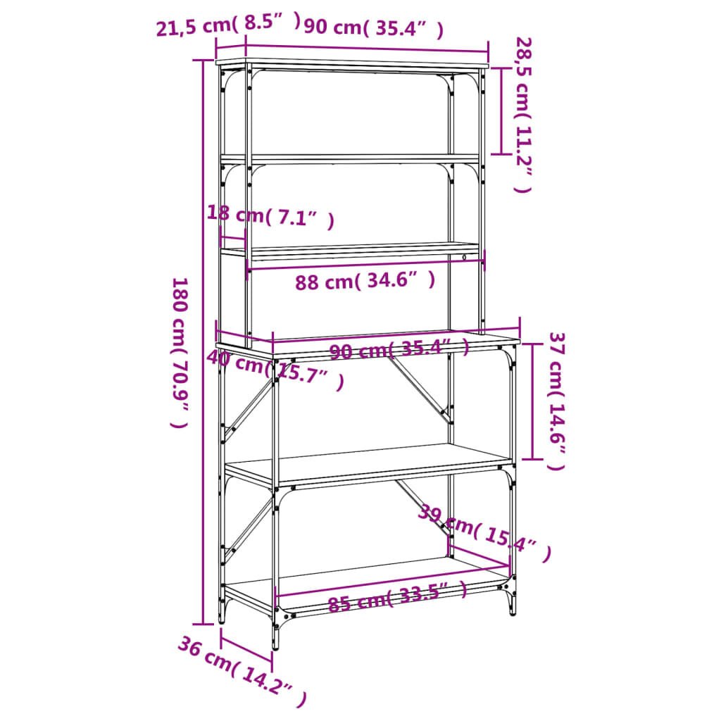 vidaXL Ραφιέρα Κουζίνας 6 Επιπέδων Καπν. Δρυς 90x40x180 εκ. Επεξ. Ξύλο