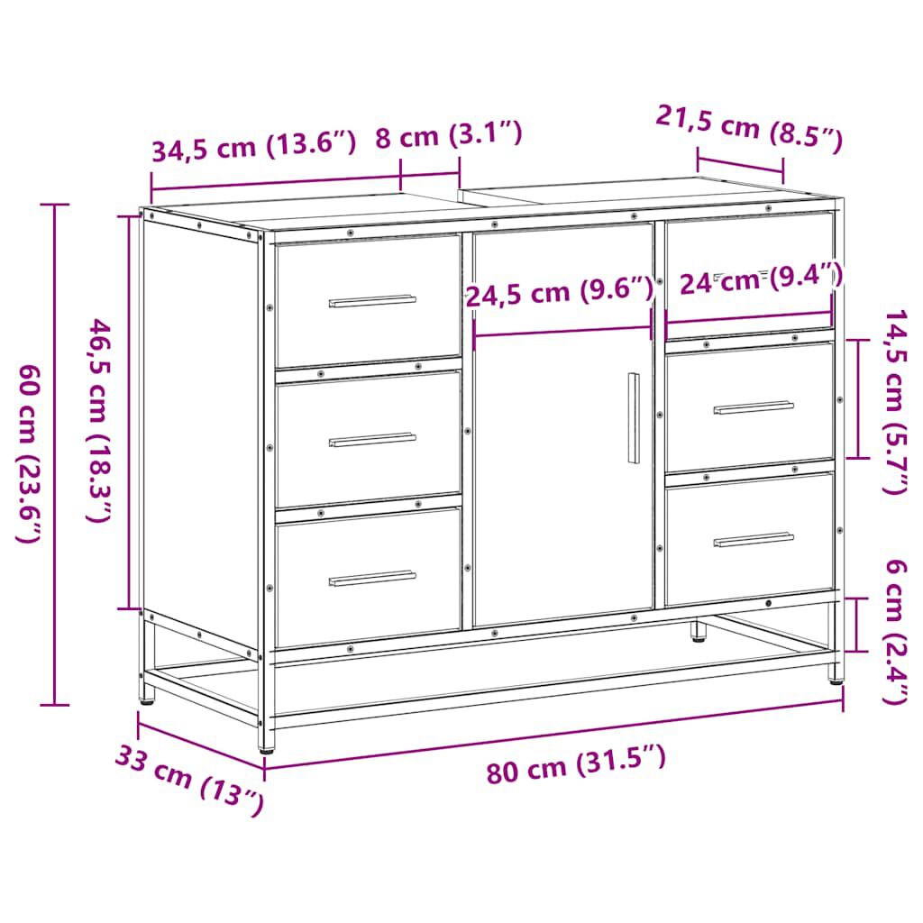 vidaXL Ντουλάπι Μπάνιου Νιπτήρα Καφέ Δρυς 80 x 33 x 60 εκ. Επεξ. Ξύλο