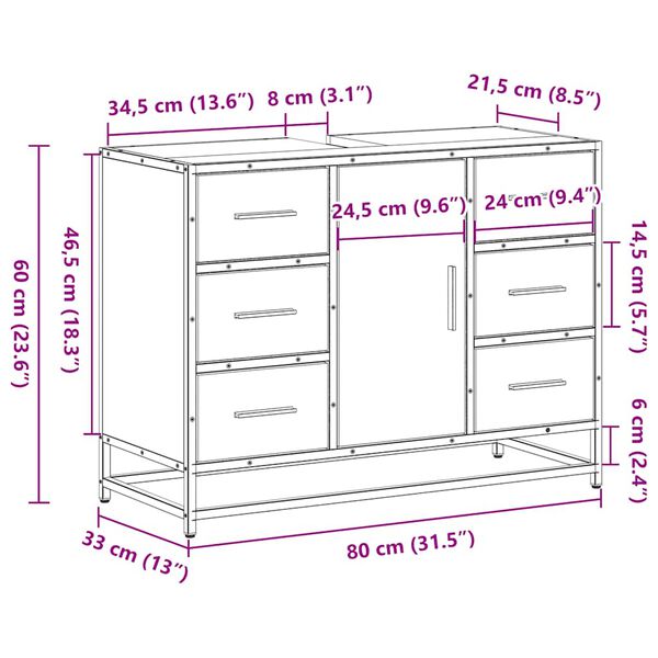 vidaXL Ντουλάπι Μπάνιου Νιπτήρα Καφέ Δρυς 80 x 33 x 60 εκ. Επεξ. Ξύλο