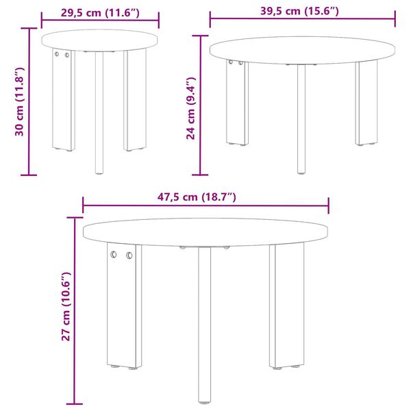 vidaXL Τραπεζάκι σαλονιού 3 pcs Φυσικό 47.5 x 47.5 x 27 εκ.
