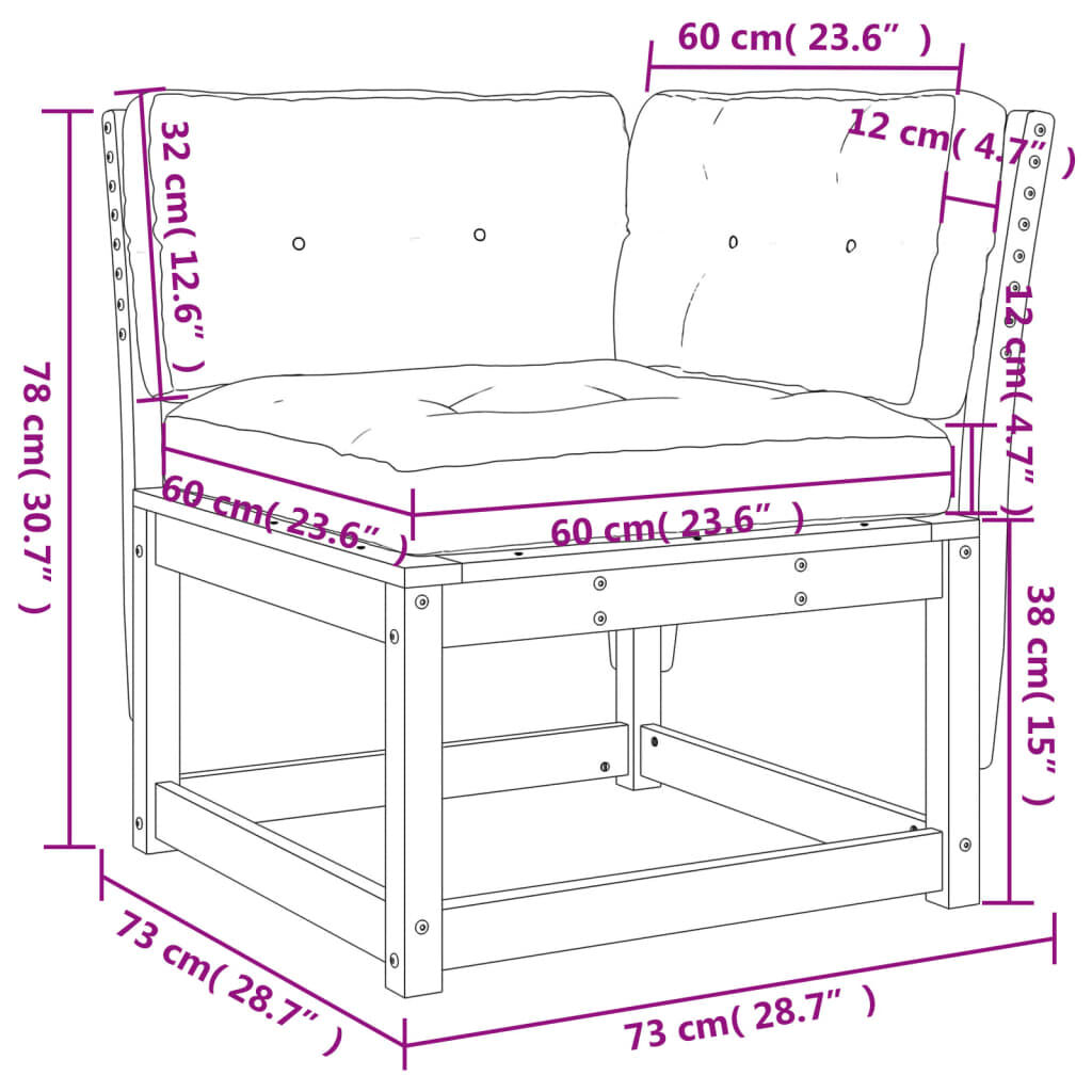 vidaXL Καναπές Κήπου Γωνιακός 73x73x78εκ. Εμποτ. Ξύλο Πεύκου Μαξιλάρια
