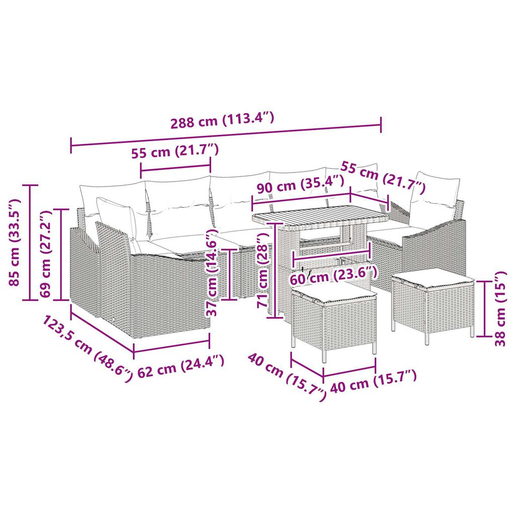 vidaXL Σετ Καναπέ Κήπου 10 pcs Μπεζ και Κρέμα 90 x 55 x 71 cm