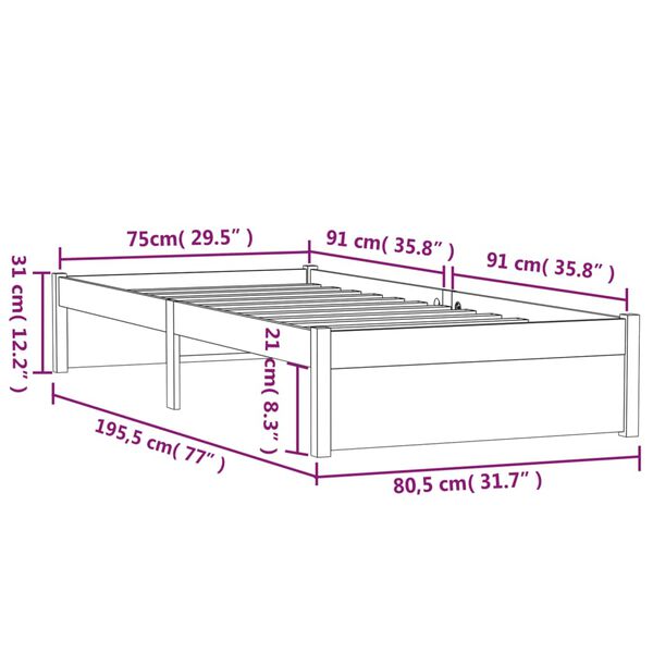 vidaXL Πλαίσιο Κρεβατιού Μελί 75x190 εκ. Ξύλο Πεύκου Small Single