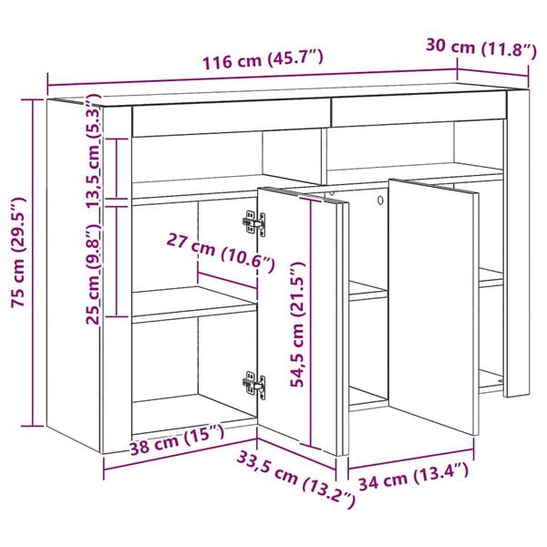 vidaXL Μπουφές με LED Γκρι Σκυροδέματος 115,5x30x75 εκ.