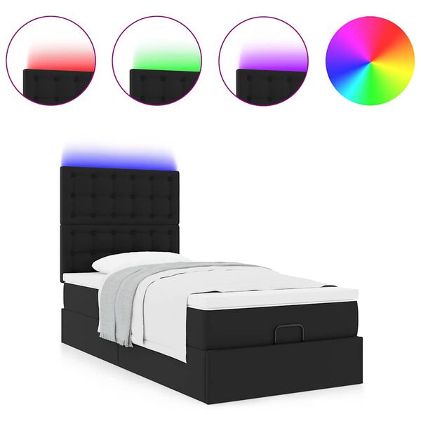 vidaXL Οθωμανικό κρεβάτι με στρώμα & LEDs Μαύρο 90x190cm Faux Leather