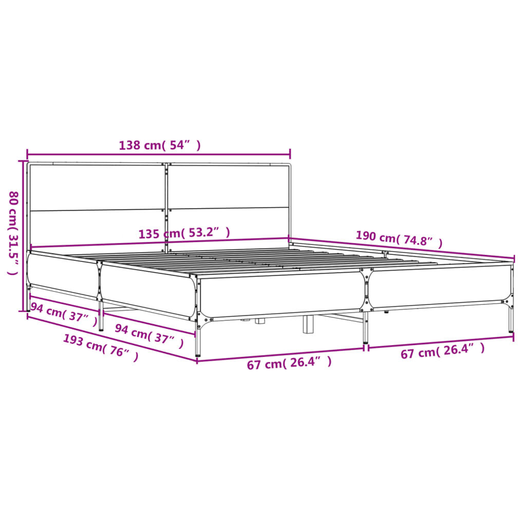 vidaXL Πλαίσιο Κρεβατιού Γκρι Sonoma 135x190 εκ. Επεξ. Ξύλο & Μέταλλο