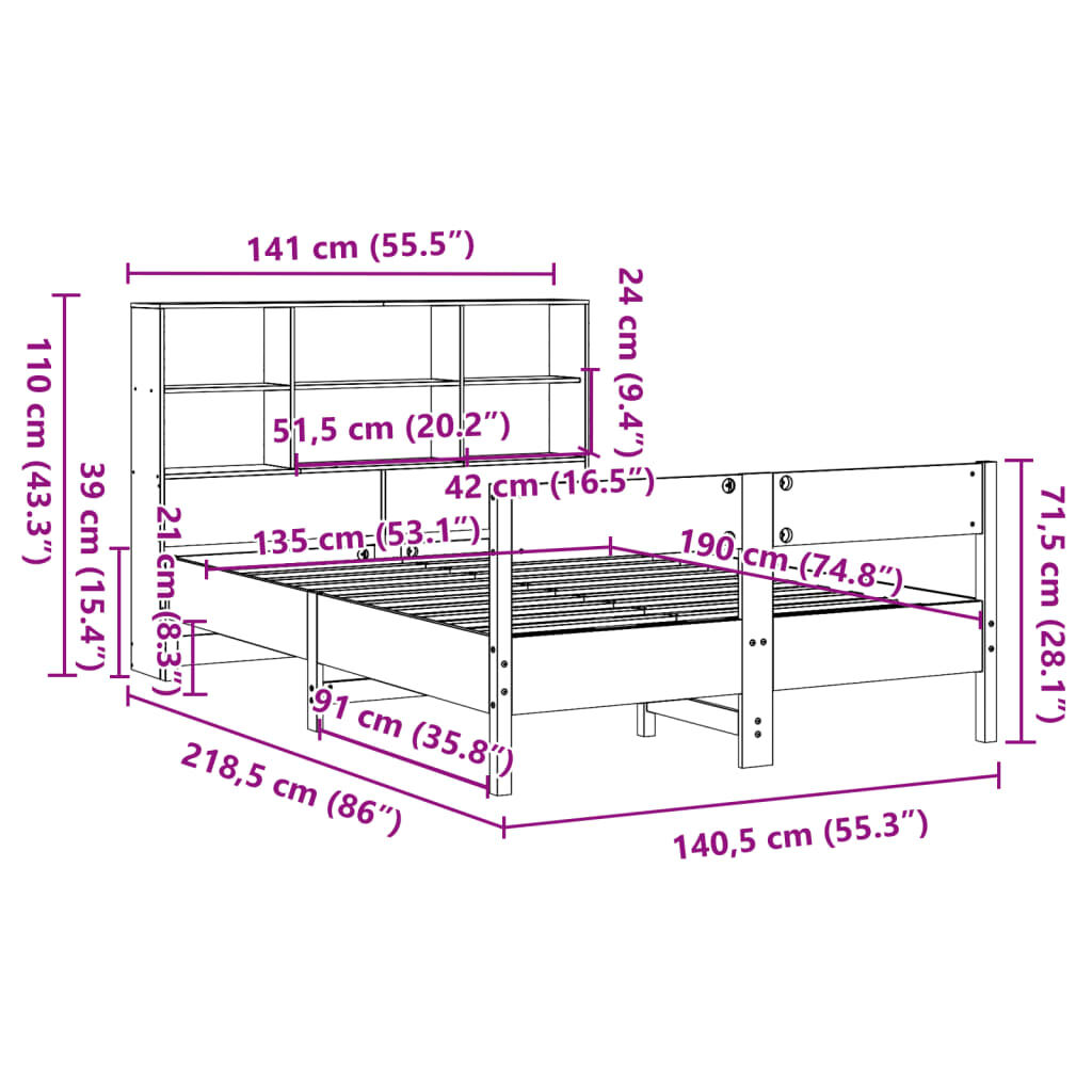 vidaXL Κρεβάτι Βιβλιοθήκη Χωρίς Στρώμα Λευκό 135x190 εκ Μασίφ Πεύκο
