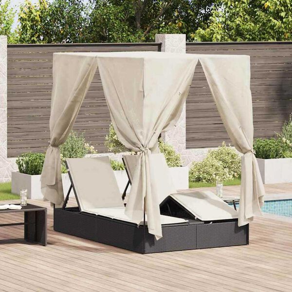 vidaXL Διπλή ξαπλώστρα με οροφή Μαύρο 205 x 129 x 200 εκ PE ρατάν