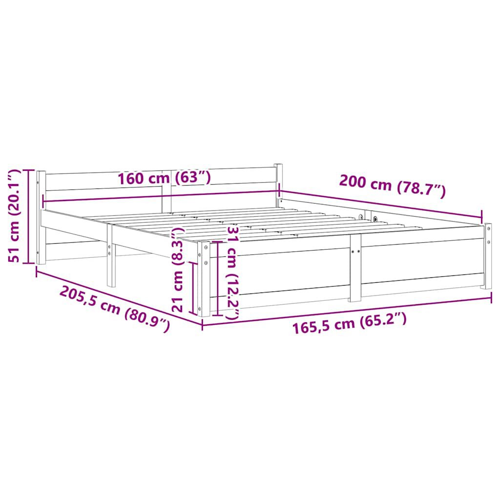 vidaXL Πλαίσιο Κρεβατιού Λευκό 160 x 200 εκ. από Μασίφ Ξύλο