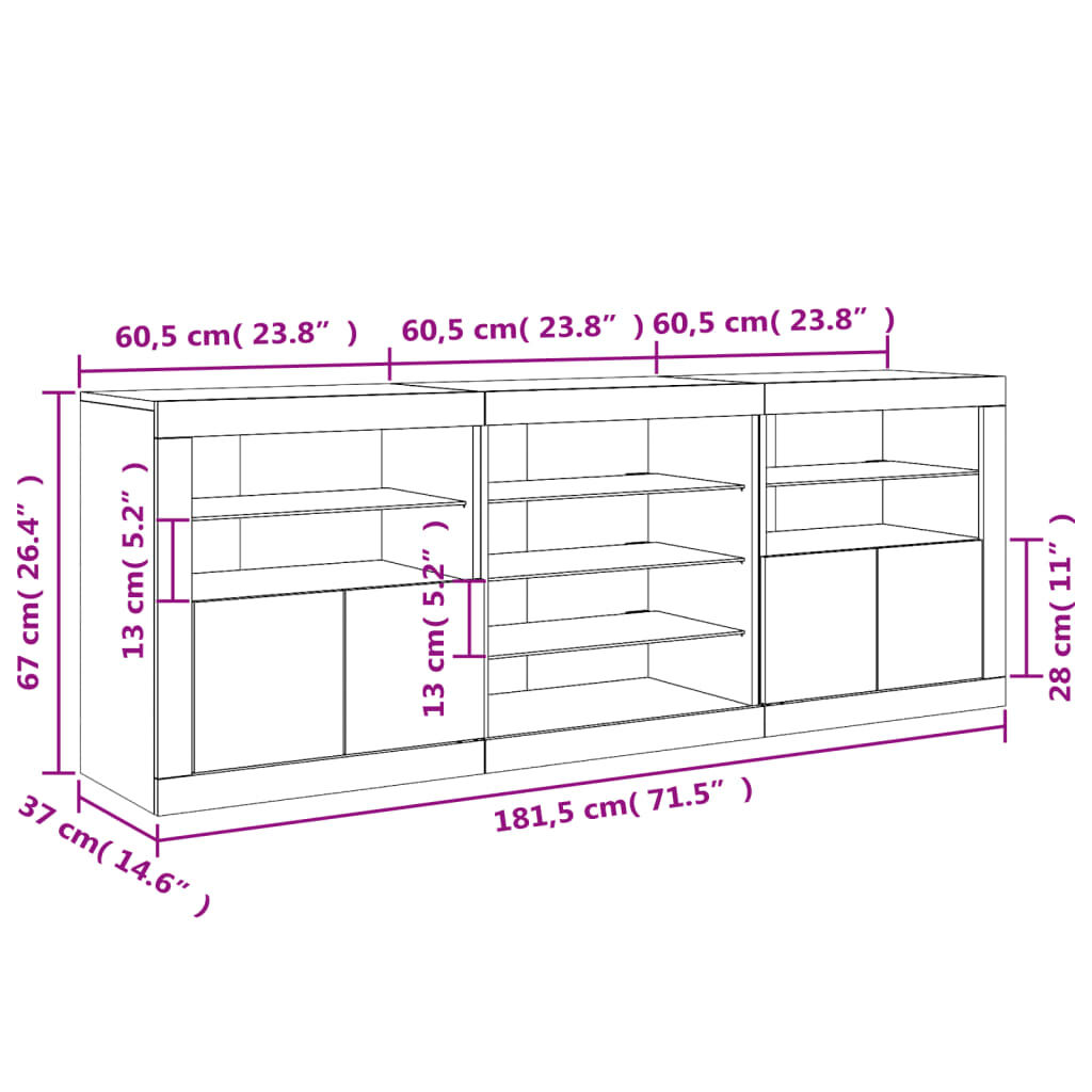 vidaXL Μπουφές με LED Γκρι Σκυροδέματος 181,5 x 37 x 67 εκ.