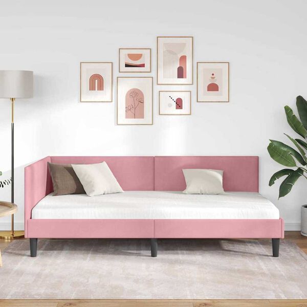 vidaXL Κρεβάτι Γωνίας Ροζ 90 x 190 cm Βελούδο και Εργοστασιακό ξύλο