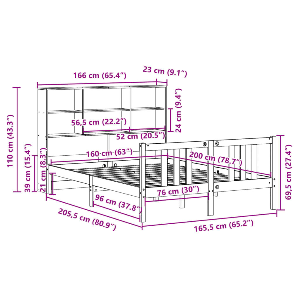 vidaXL Κρεβάτι Βιβλιοθήκη Χωρίς Στρώμα 160x200 εκ Μασίφ Ξύλο Πεύκου