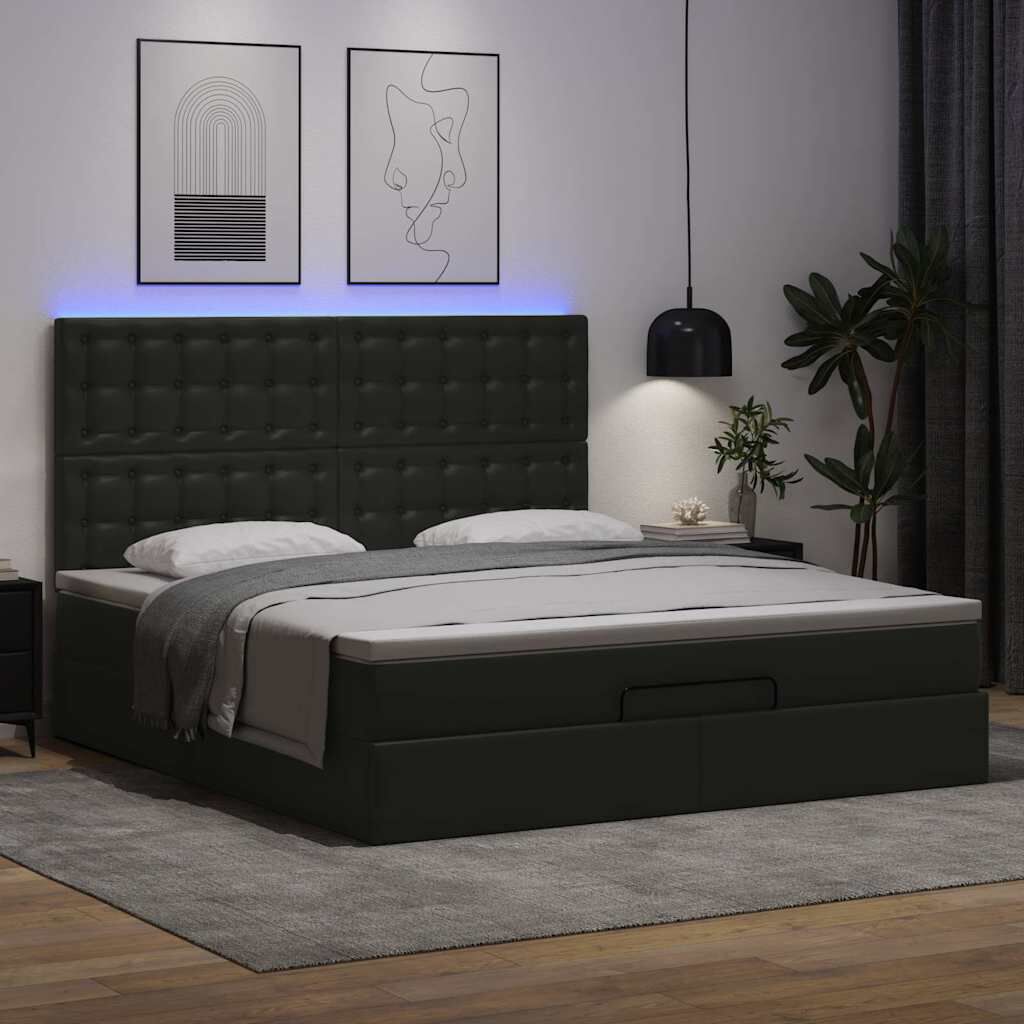 vidaXL Οθωμανικό κρεβάτι με στρώμα & LEDs Μαύρο 160x200cm Faux Leather