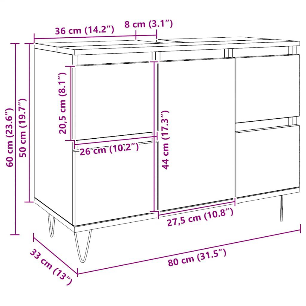 vidaXL Ντουλάπι μπάνιου Δρυς τεχνίτης 80x33x60 cm Κατασκευασμένο ξύλο